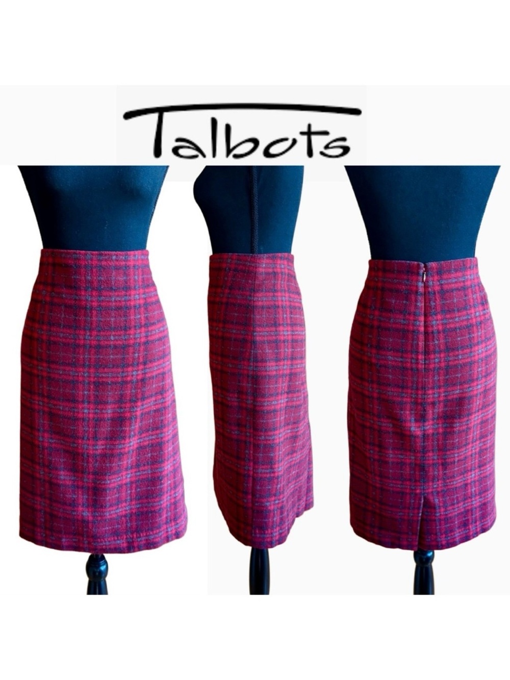 Talbots Red Gray Charcoal Wool Blend Plaid Lined Skirt (16)